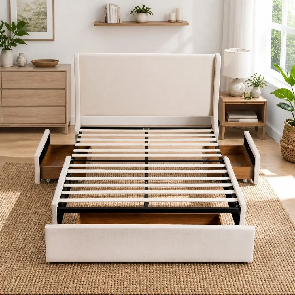 King Upholstered Bed Frame Wingback Headboard with 3 Storage Drawers Metal and Wood Construction