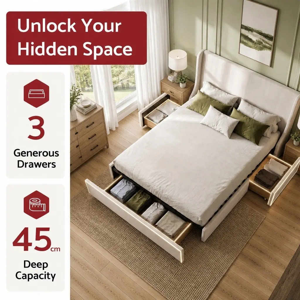 King Upholstered Bed Frame Wingback Headboard with 3 Storage Drawers Metal and Wood Construction