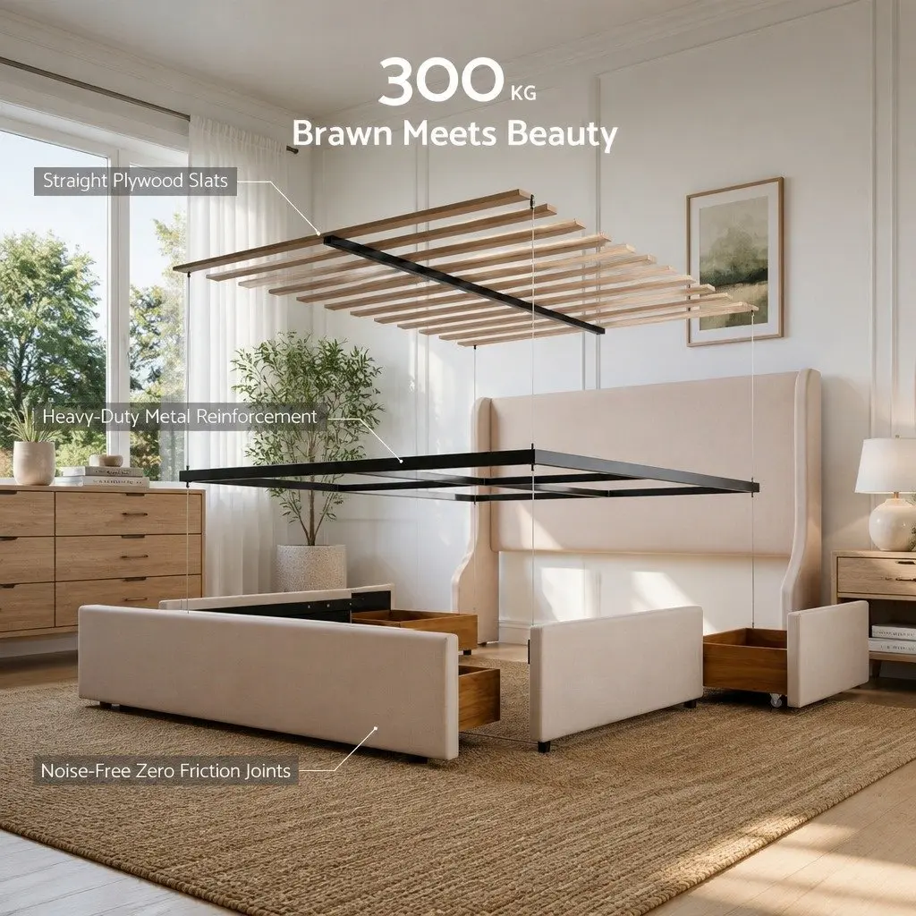 King Upholstered Bed Frame Wingback Headboard with 3 Storage Drawers Metal and Wood Construction