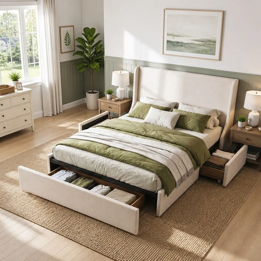 Queen Upholstered Bed Frame with Storage Drawers