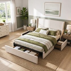 Elegant Queen Upholstered Bed Frame with Storage Drawers