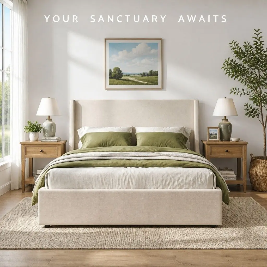 Queen Upholstered Bed Frame Wingback Headboard Beige Faux Linen Metal with 3 Storage Drawers