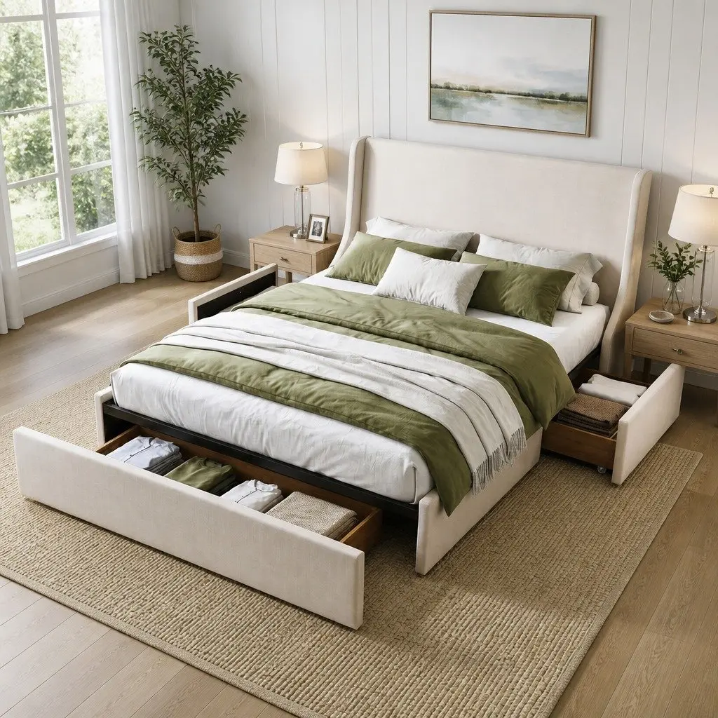 Queen Upholstered Bed Frame Wingback Headboard Beige Faux Linen Metal with 3 Storage Drawers