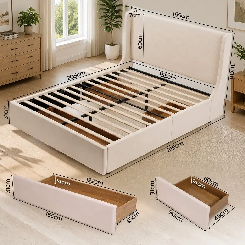 Queen Upholstered Bed Frame Wingback Headboard Beige Faux Linen Metal with 3 Storage Drawers
