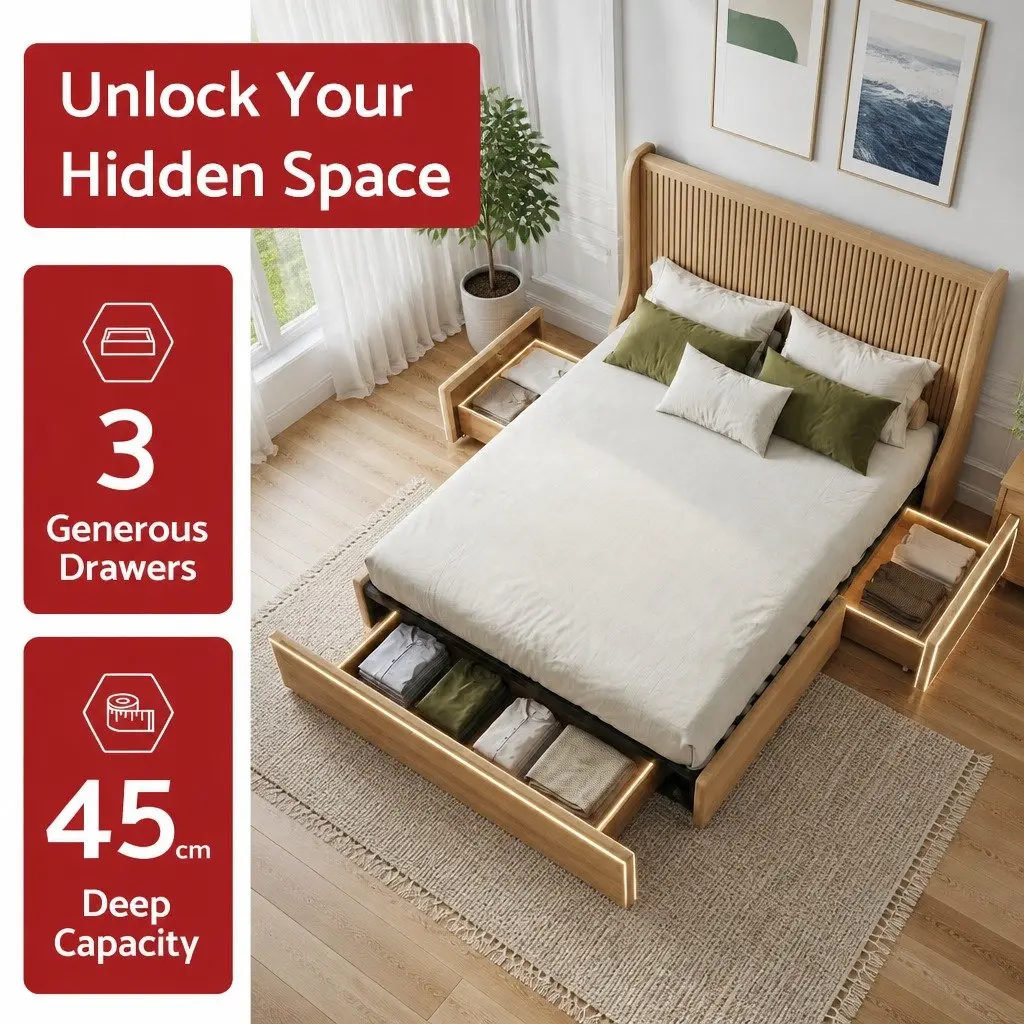 Queen Upholstered Bed Frame Wingback Headboard Beige Faux Linen Metal with 3 Storage Drawers