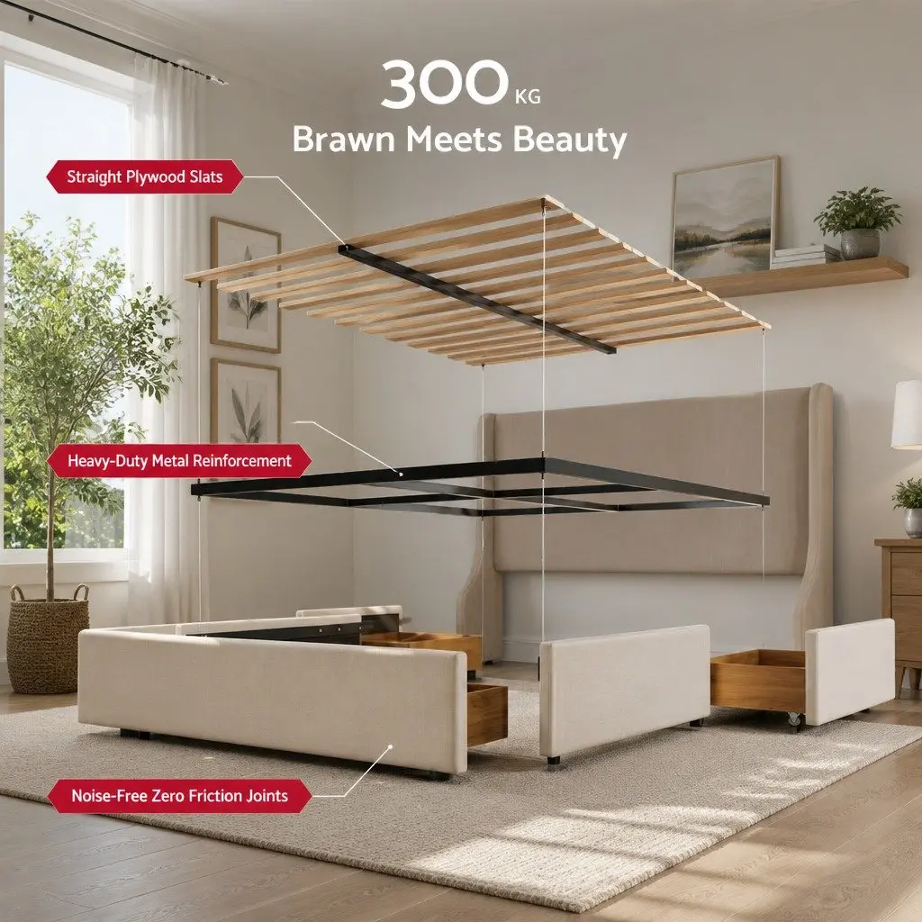 Queen Upholstered Bed Frame Wingback Headboard Beige Faux Linen Metal with 3 Storage Drawers