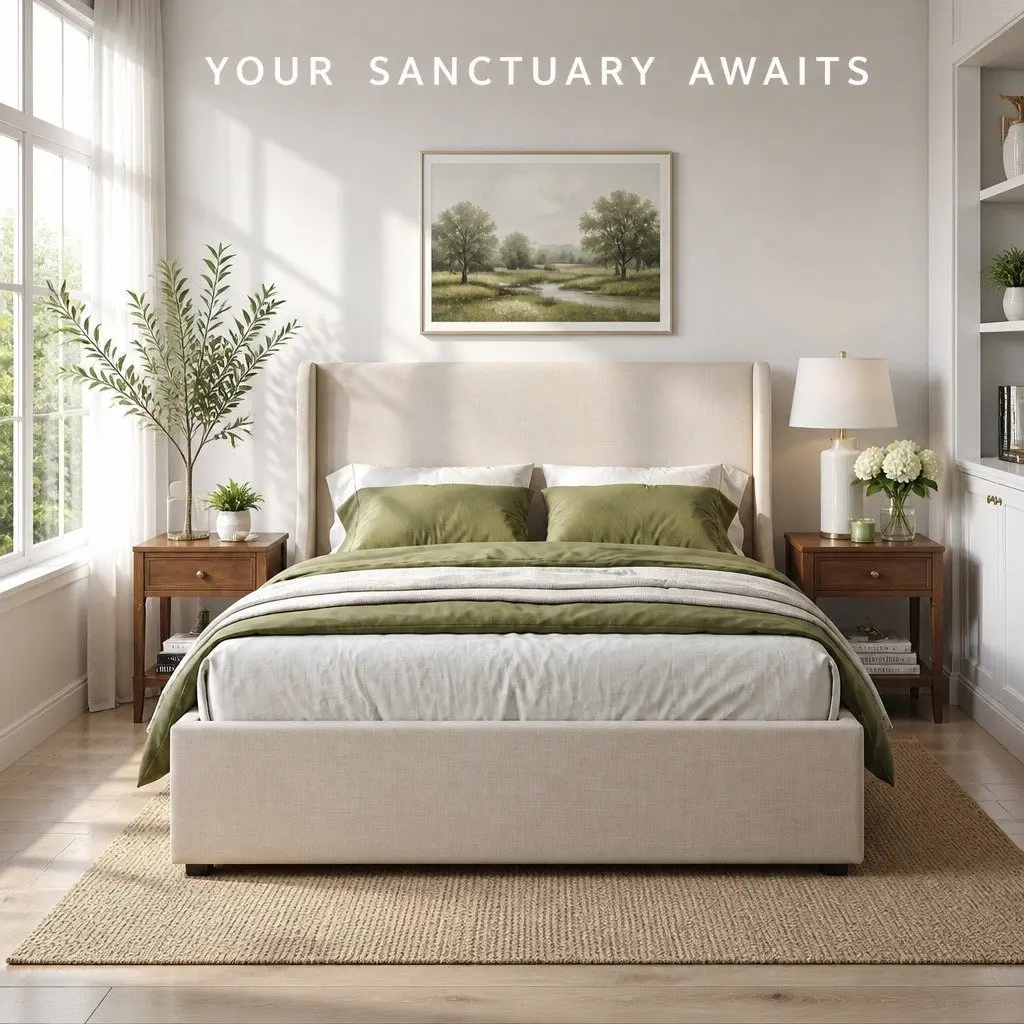 Queen Upholstered Bed Frame Wingback Headboard Beige Faux Linen Metal with 3 Storage Drawers