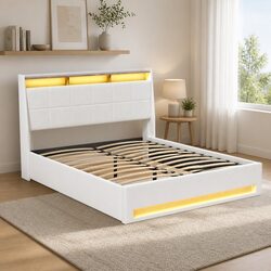 White Double Bed Frame with Gas Lift Storage and LED