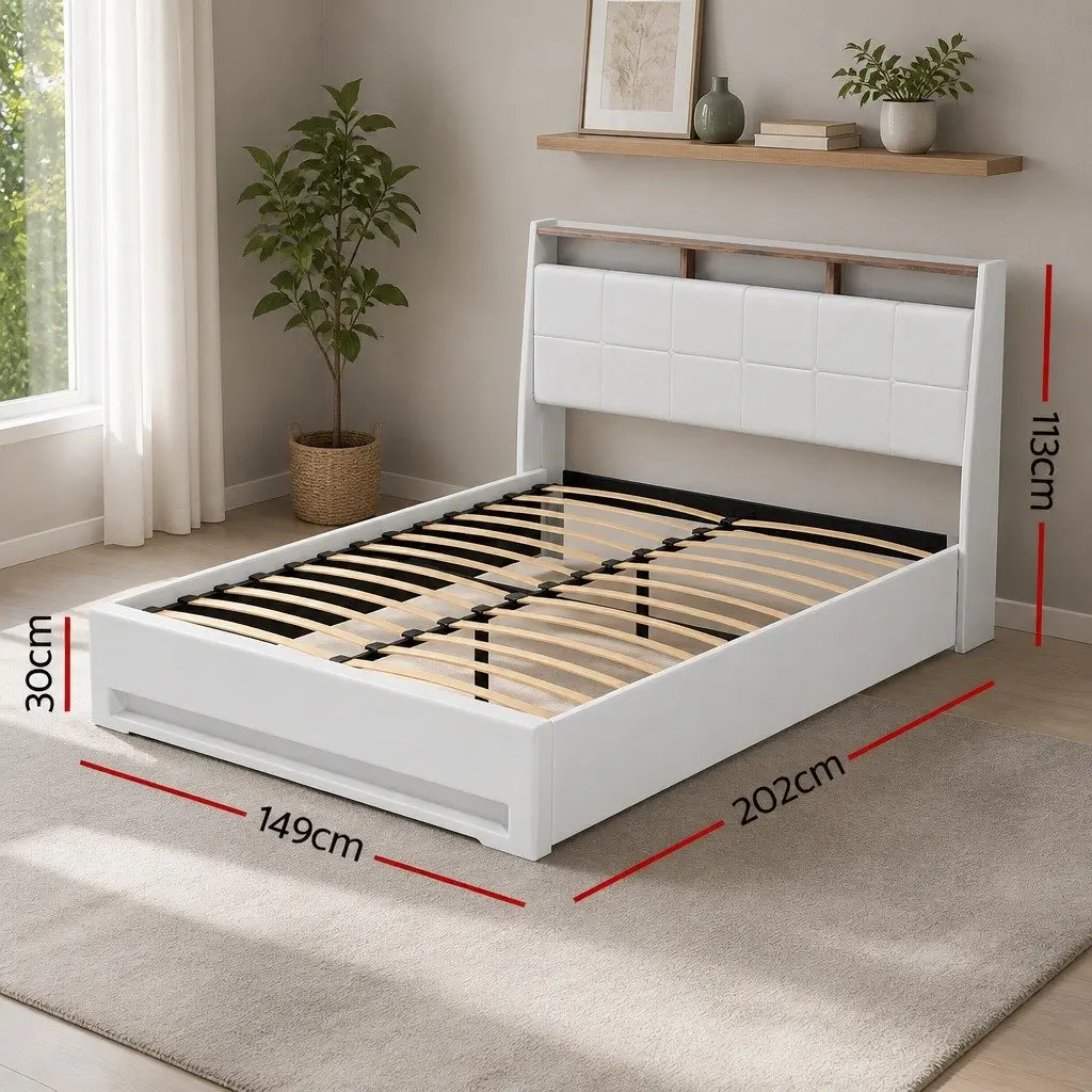 Double Bed Frame White Gas Lift Storage LED Lights Upholstered PVC Leather 202cm L x 149cm W x 113cm H Reinforced Wooden Structure