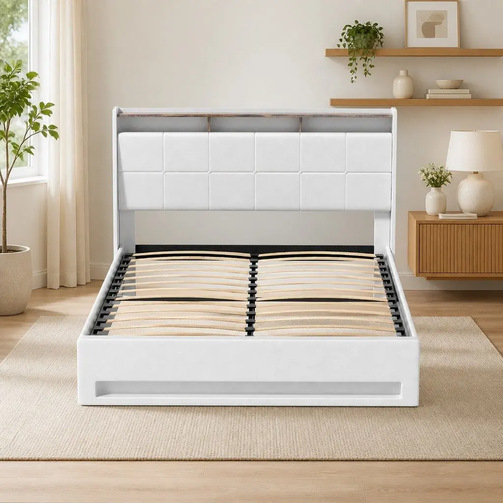 Double Bed Frame White Gas Lift Storage LED Lights Upholstered PVC Leather 202cm L x 149cm W x 113cm H Reinforced Wooden Structure