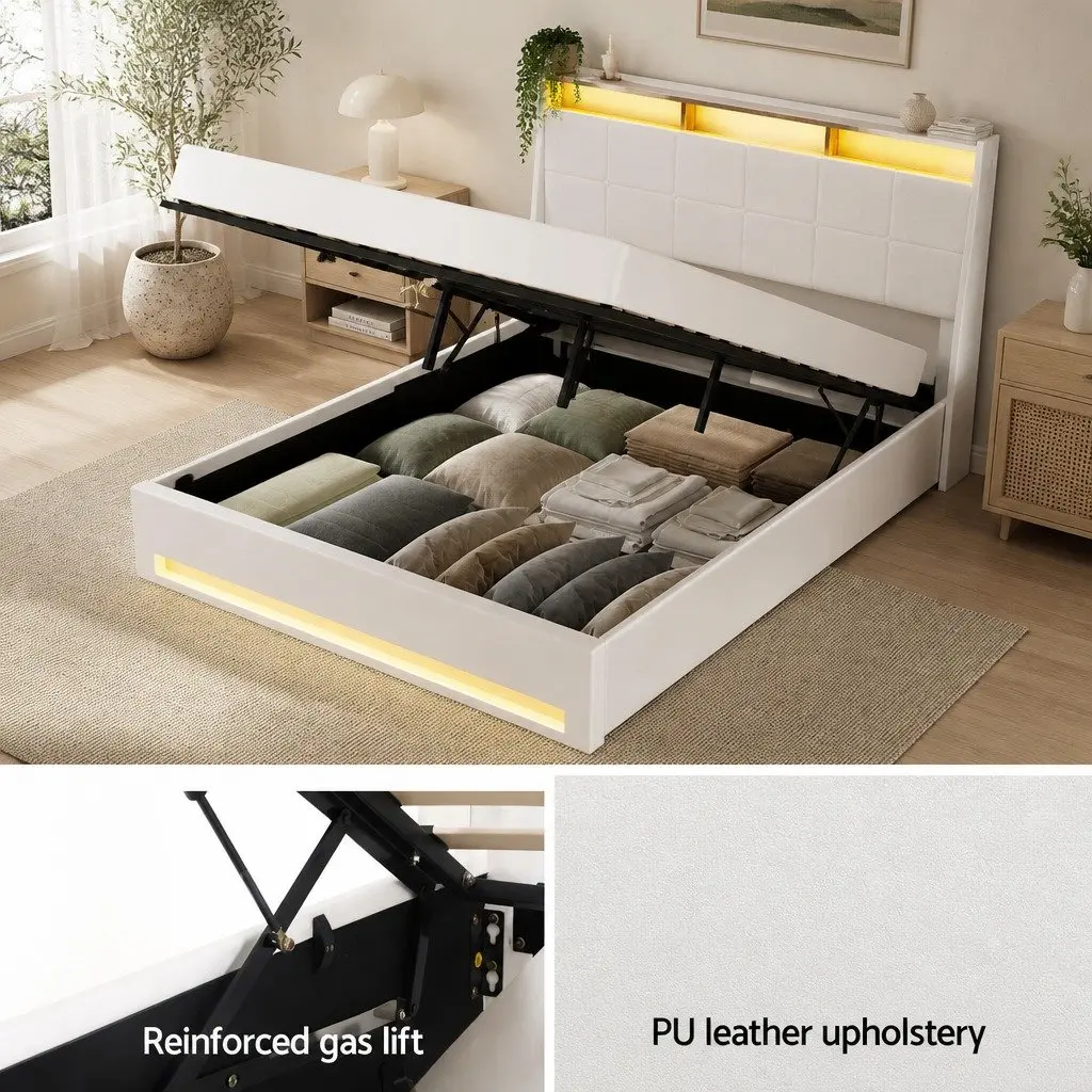 Double Bed Frame White Gas Lift Storage LED Lights Upholstered PVC Leather 202cm L x 149cm W x 113cm H Reinforced Wooden Structure