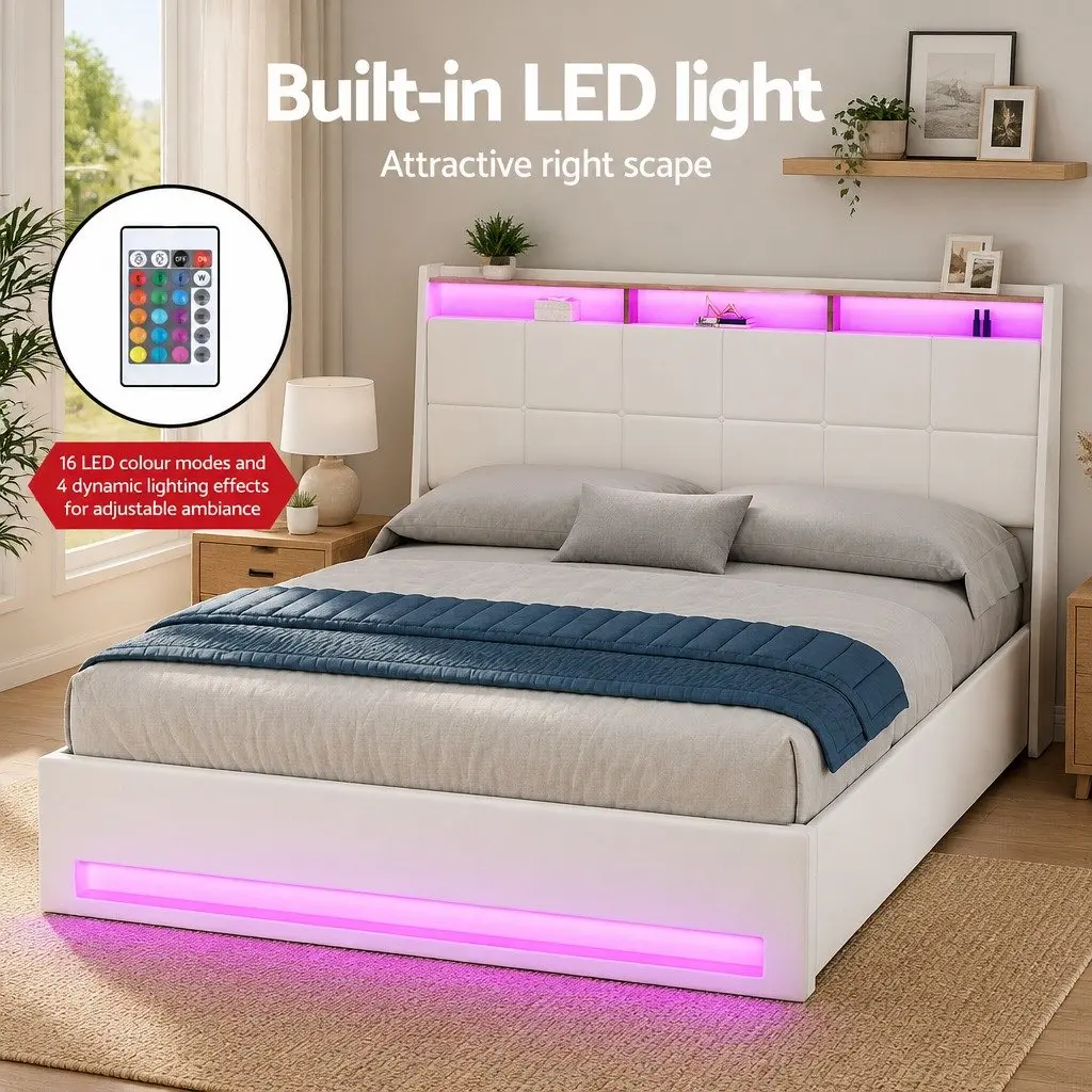 Double Bed Frame White Gas Lift Storage LED Lights Upholstered PVC Leather 202cm L x 149cm W x 113cm H Reinforced Wooden Structure