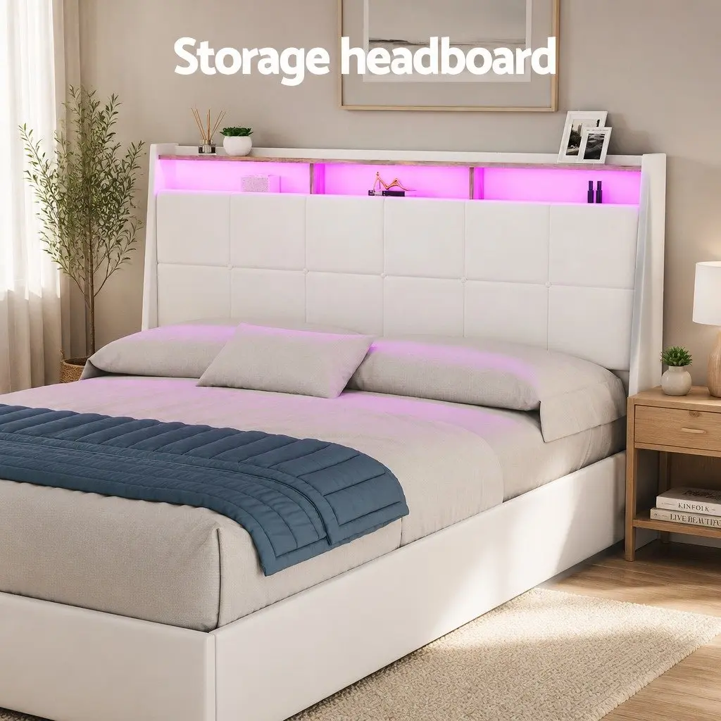 Double Bed Frame White Gas Lift Storage LED Lights Upholstered PVC Leather 202cm L x 149cm W x 113cm H Reinforced Wooden Structure