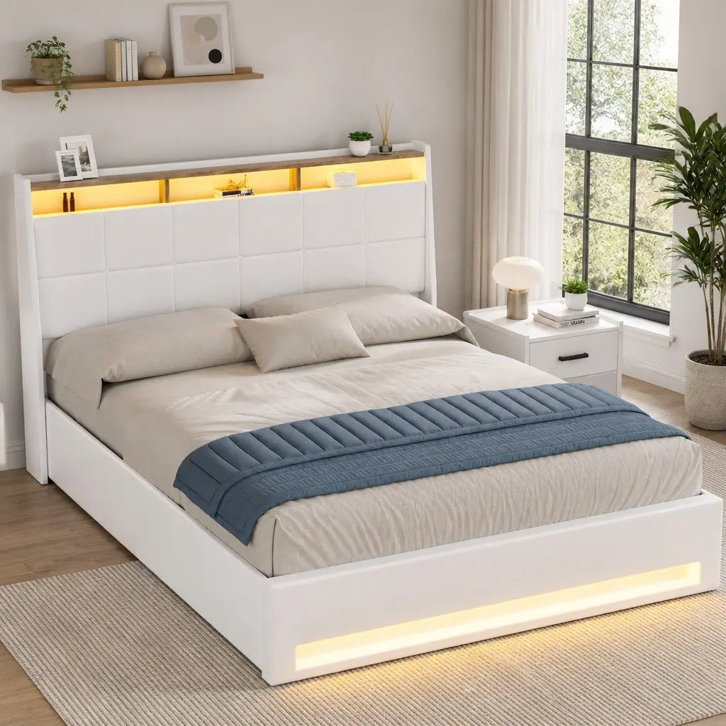 Double Bed Frame White Gas Lift Storage LED Lights Upholstered PVC Leather 202cm L x 149cm W x 113cm H Reinforced Wooden Structure