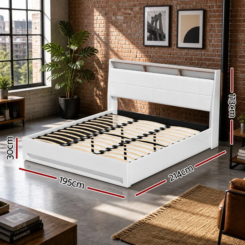 King Size Gas Lift Bed Frame White Upholstered Headboard with LED Lights Storage Plywood and PVC Leather