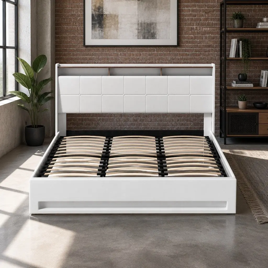 King Size Gas Lift Bed Frame White Upholstered Headboard with LED Lights Storage Plywood and PVC Leather