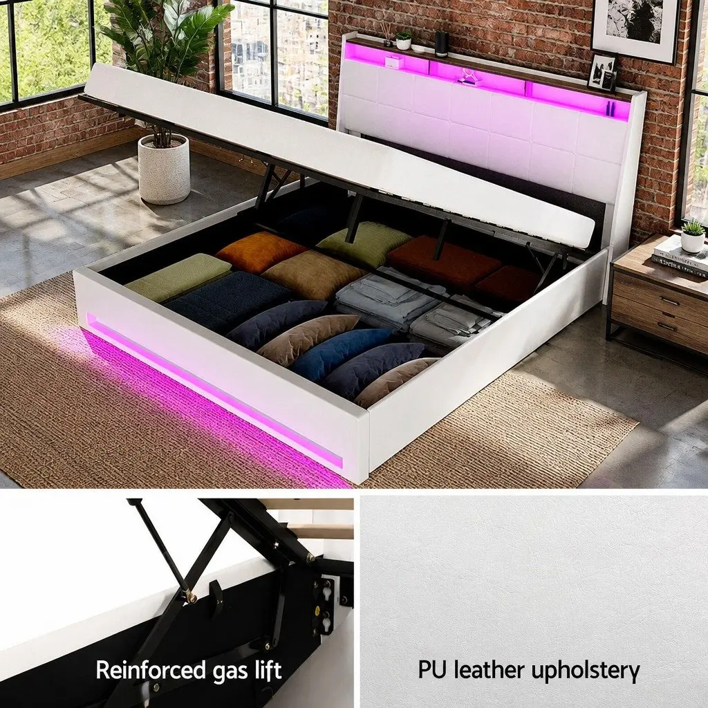 King Size Gas Lift Bed Frame White Upholstered Headboard with LED Lights Storage Plywood and PVC Leather