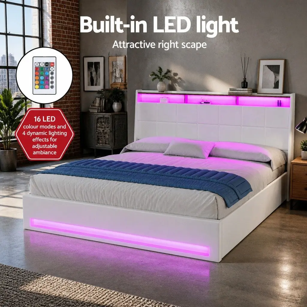 King Size Gas Lift Bed Frame White Upholstered Headboard with LED Lights Storage Plywood and PVC Leather