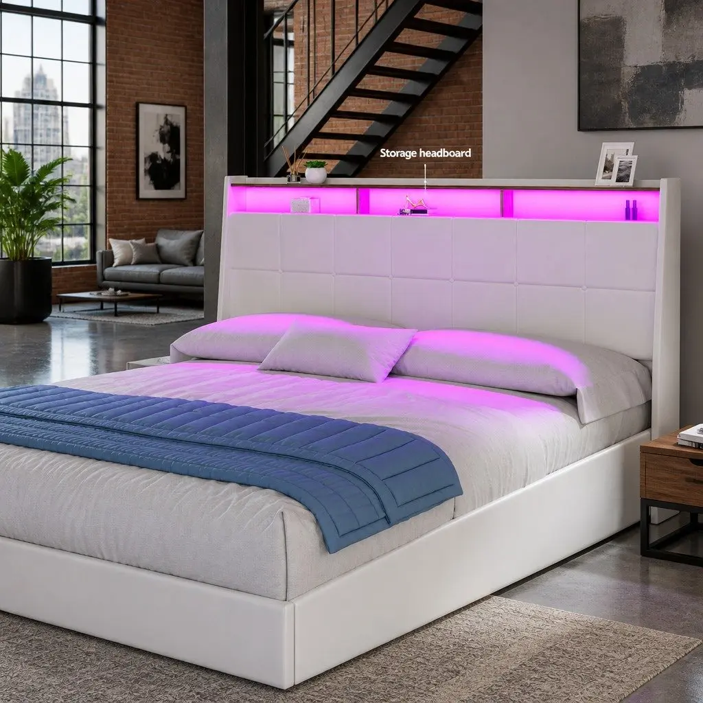 King Size Gas Lift Bed Frame White Upholstered Headboard with LED Lights Storage Plywood and PVC Leather