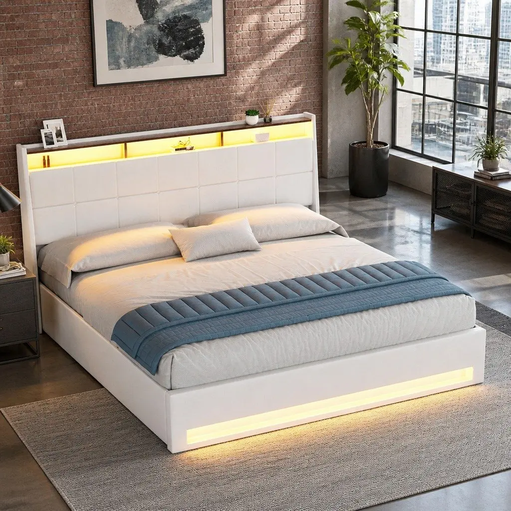 King Size Gas Lift Bed Frame White Upholstered Headboard with LED Lights Storage Plywood and PVC Leather