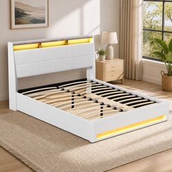 Queen Size White Bed Frame with LED Headboard and Storage