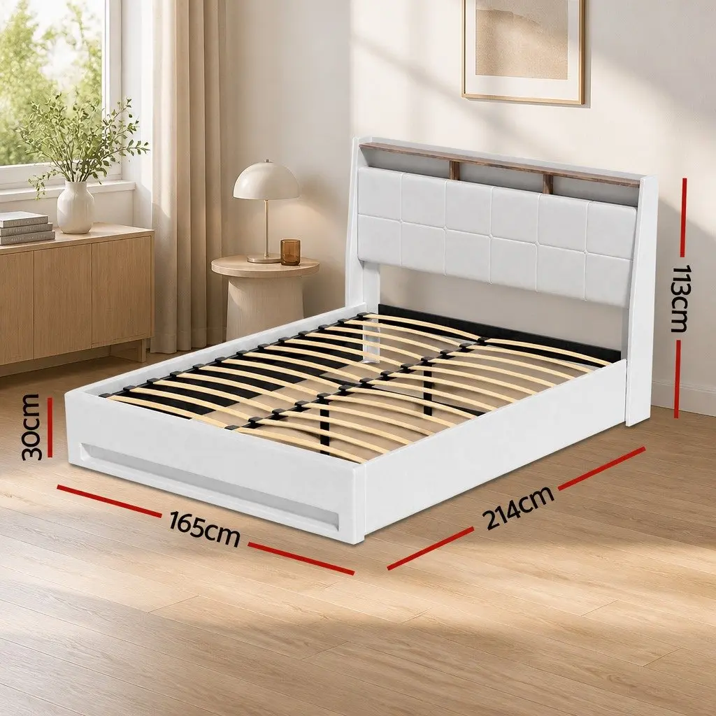 Queen Size Gas Lift Bed Frame with LED Headboard Storage Platform White