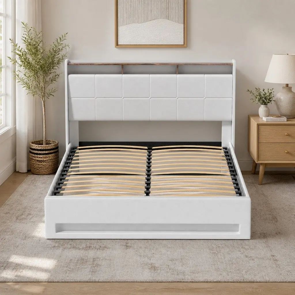 Queen Size Gas Lift Bed Frame with LED Headboard Storage Platform White
