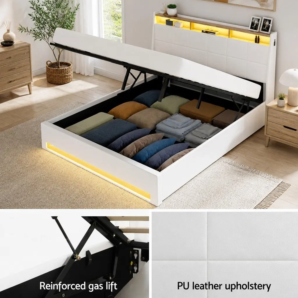 Queen Size Gas Lift Bed Frame with LED Headboard Storage Platform White