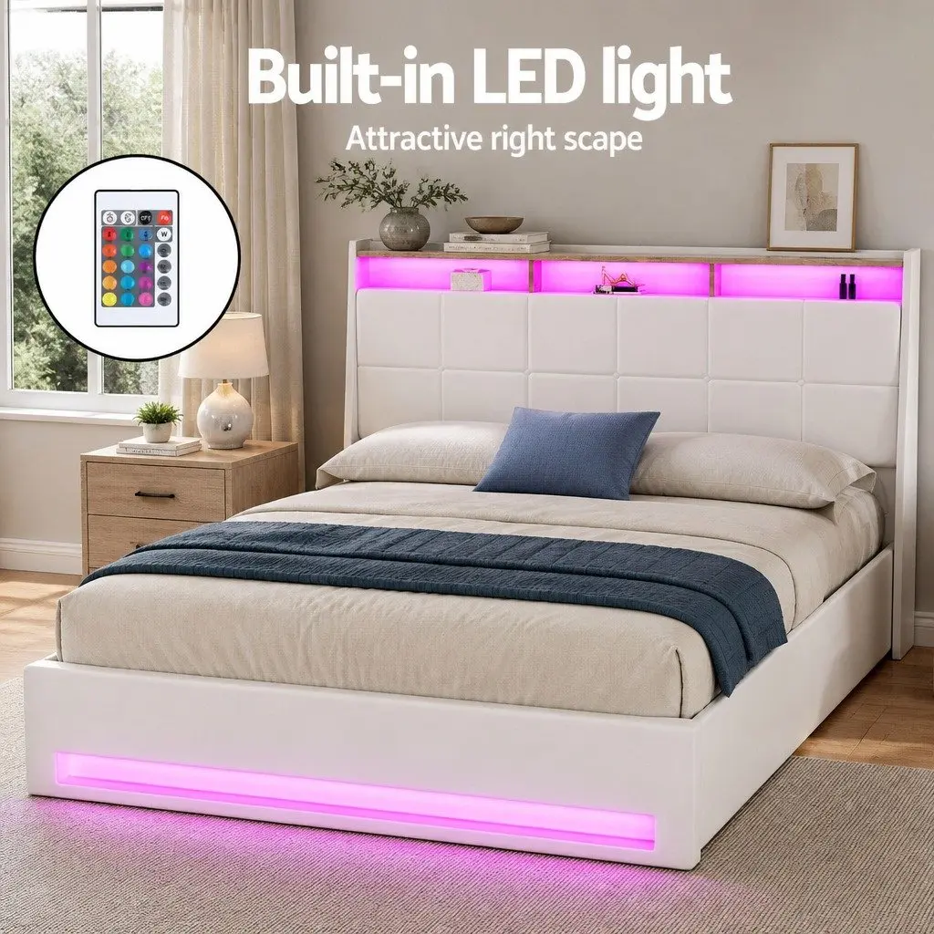 Queen Size Gas Lift Bed Frame with LED Headboard Storage Platform White