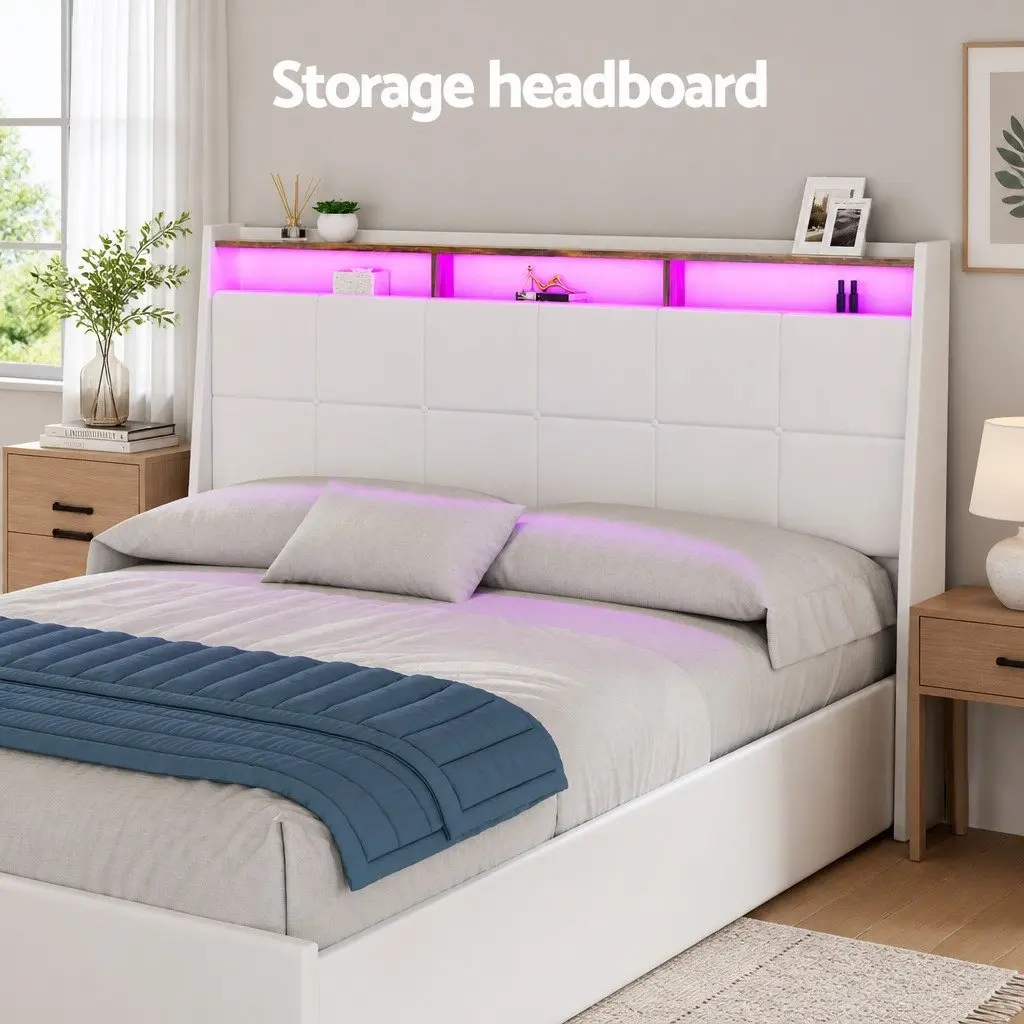 Queen Size Gas Lift Bed Frame with LED Headboard Storage Platform White