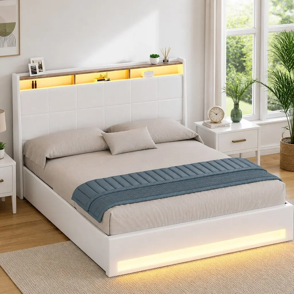 Queen Size Gas Lift Bed Frame with LED Headboard Storage Platform White