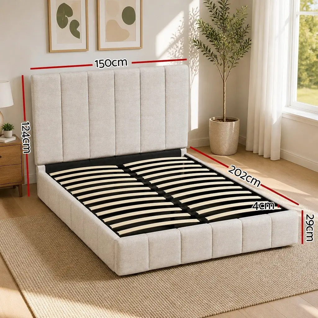 Double Bed Frame Beige Upholstered Linen Gas Lift Storage Wooden Slat Base