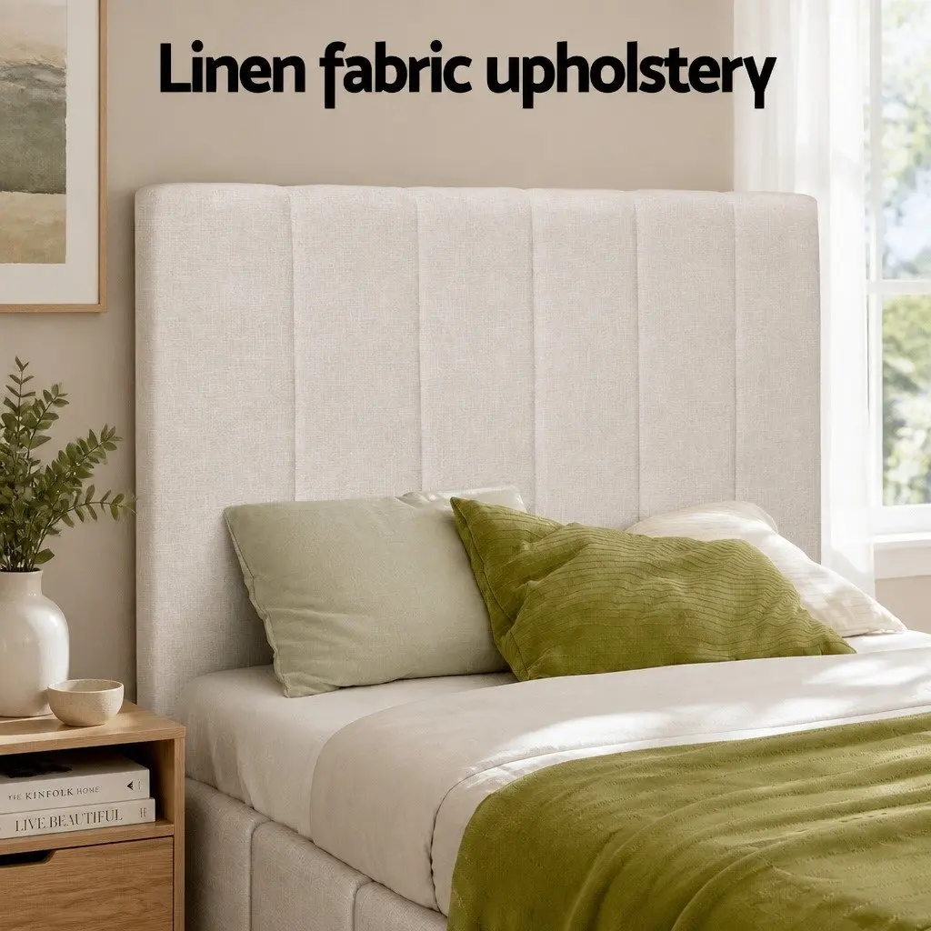 Double Bed Frame Beige Upholstered Linen Gas Lift Storage Wooden Slat Base
