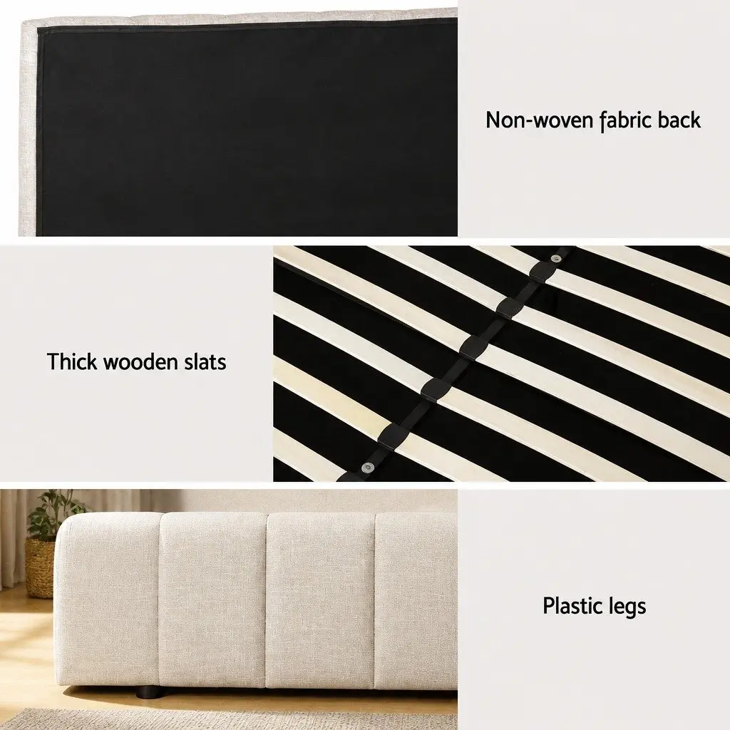 Double Bed Frame Beige Upholstered Linen Gas Lift Storage Wooden Slat Base