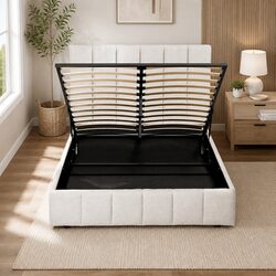 Beige Upholstered Queen Bed Frame with Storage
