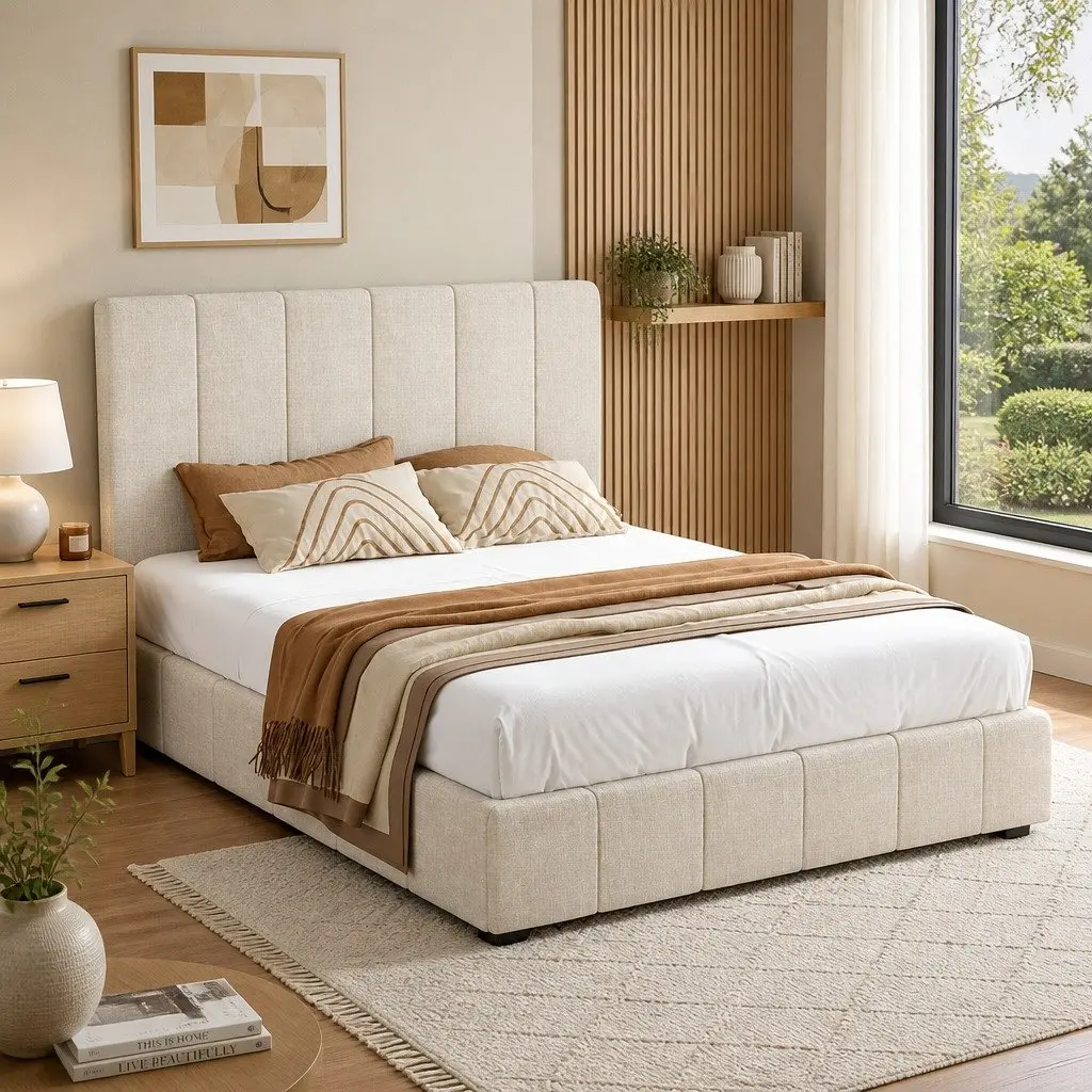 Queen Bed Frame Beige Linen Upholstered Gas Lift Storage Wooden Slats 217cm x 165cm x 124cm