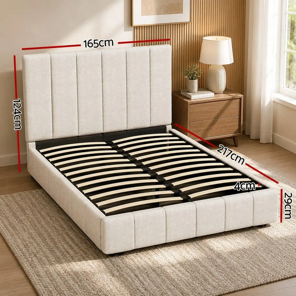 Queen Bed Frame Beige Linen Upholstered Gas Lift Storage Wooden Slats 217cm x 165cm x 124cm