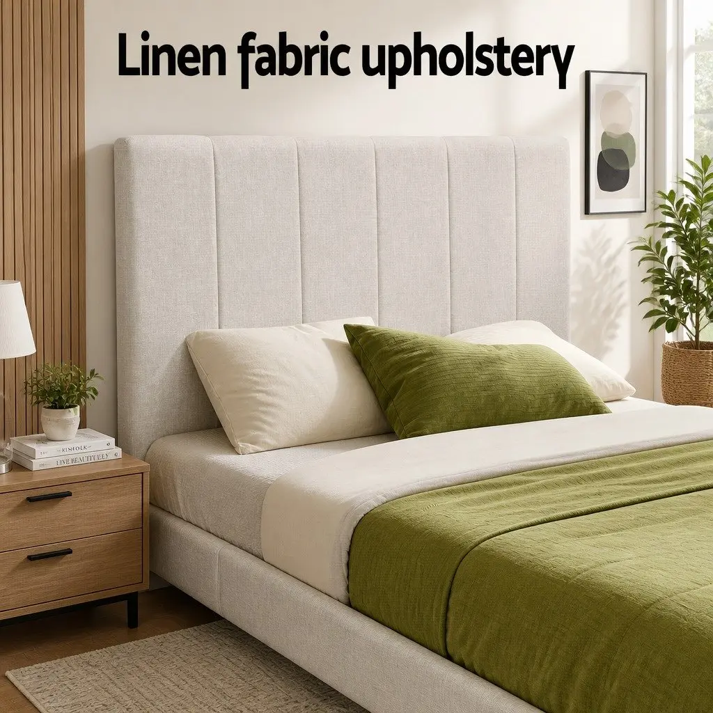 Queen Bed Frame Beige Linen Upholstered Gas Lift Storage Wooden Slats 217cm x 165cm x 124cm