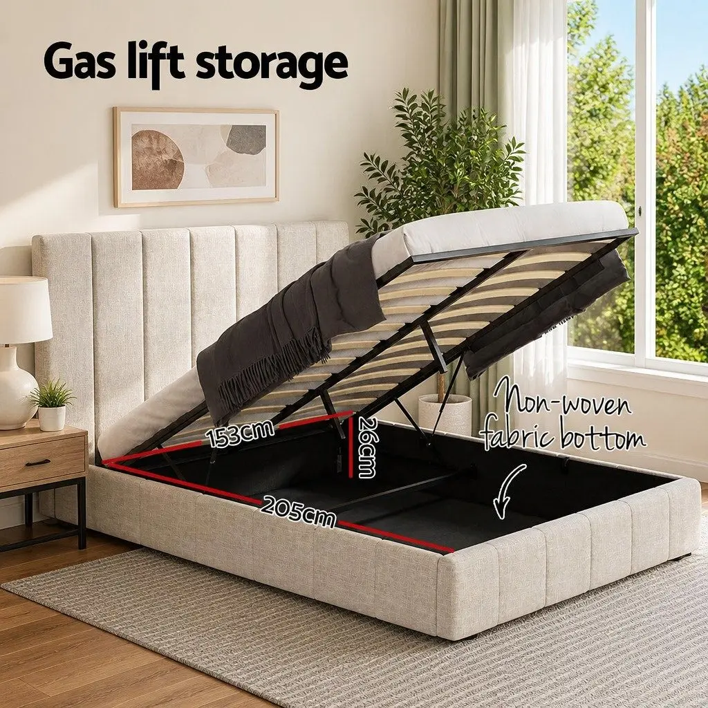 Queen Bed Frame Beige Linen Upholstered Gas Lift Storage Wooden Slats 217cm x 165cm x 124cm