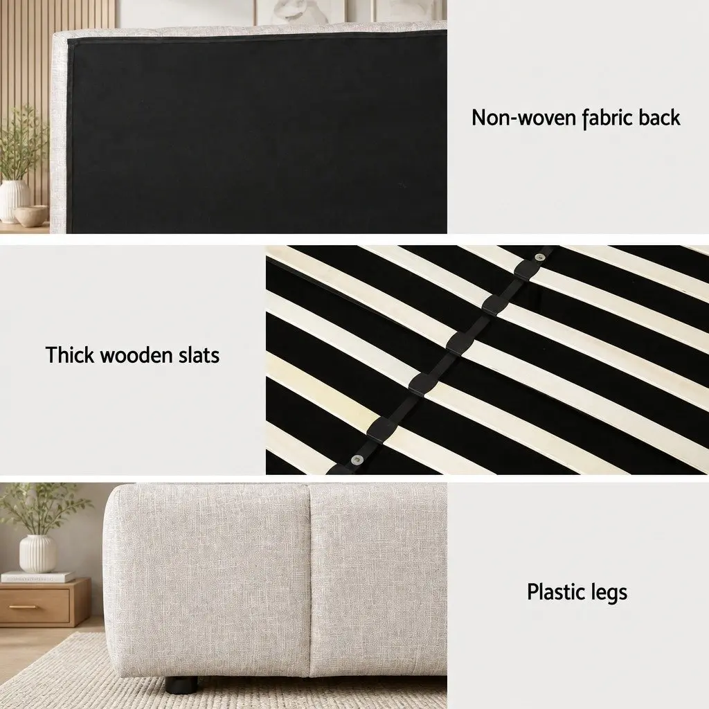 Queen Bed Frame Beige Linen Upholstered Gas Lift Storage Wooden Slats 217cm x 165cm x 124cm