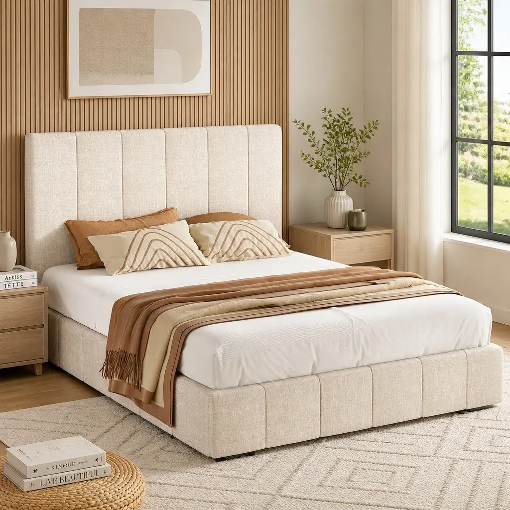Queen Bed Frame Beige Linen Upholstered Gas Lift Storage Wooden Slats 217cm x 165cm x 124cm
