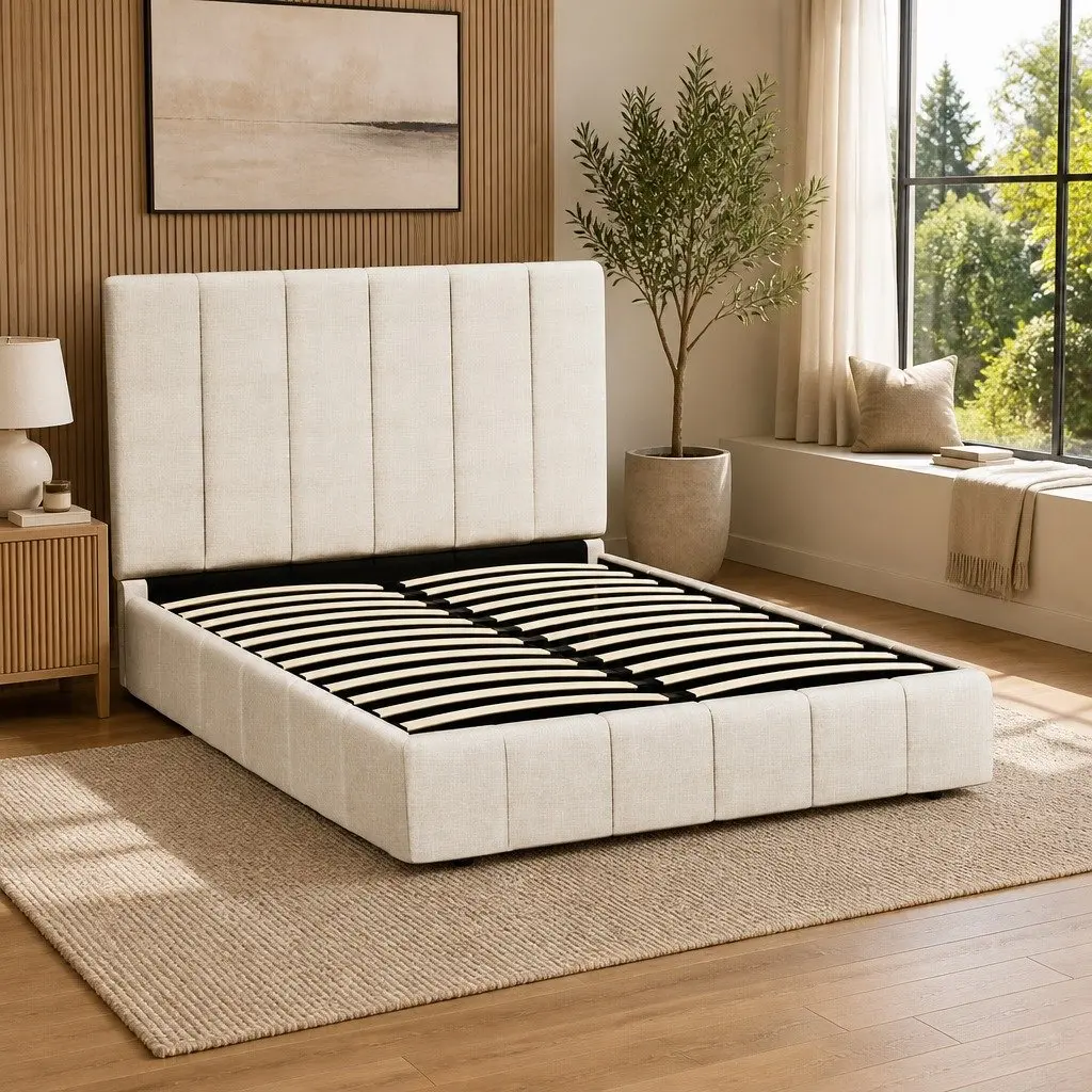 Queen Bed Frame Beige Linen Upholstered Gas Lift Storage Wooden Slats 217cm x 165cm x 124cm