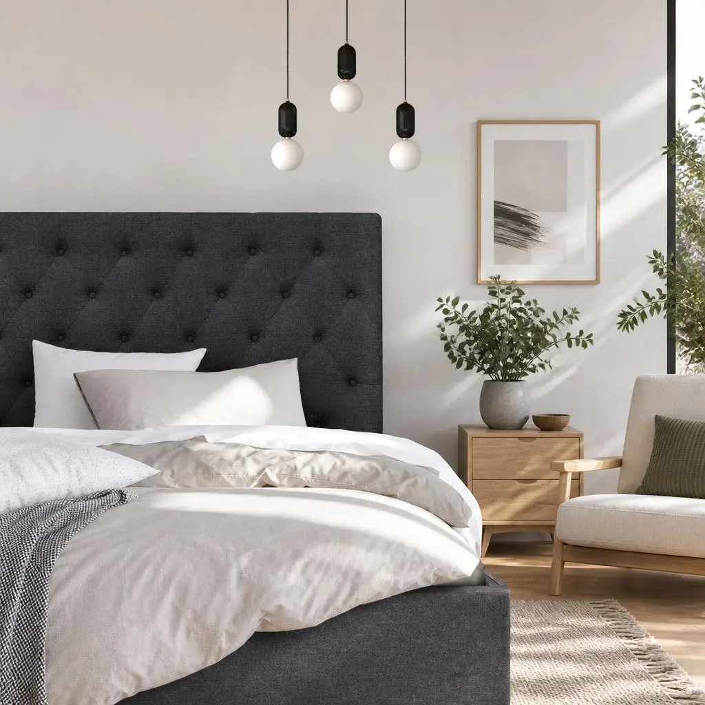 Upholstered Charcoal Double Bed Headboard with Button Tufts