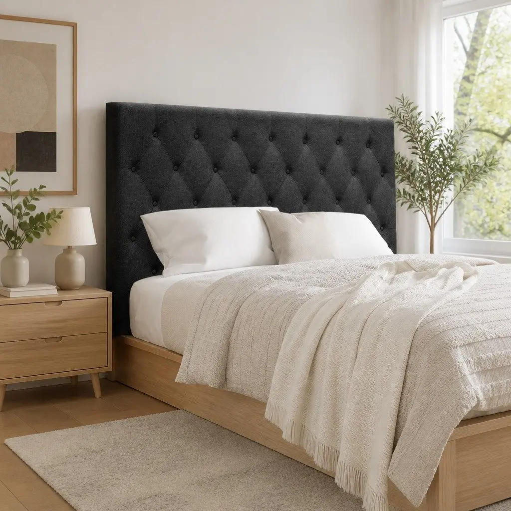 Upholstered Charcoal Double Bed Headboard with Button Tufts