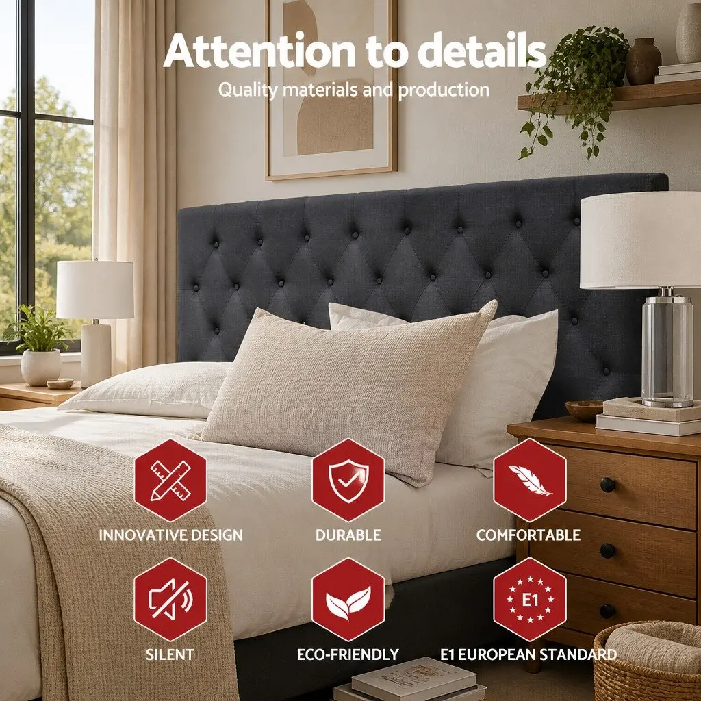 King Size Bed Head Upholstered Fabric Headboard Button Tufted Design Charcoal