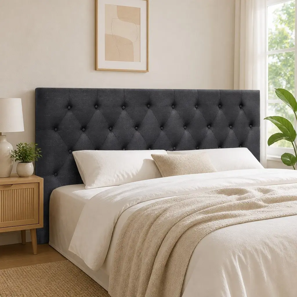 King Size Bed Head Upholstered Fabric Headboard Button Tufted Design Charcoal