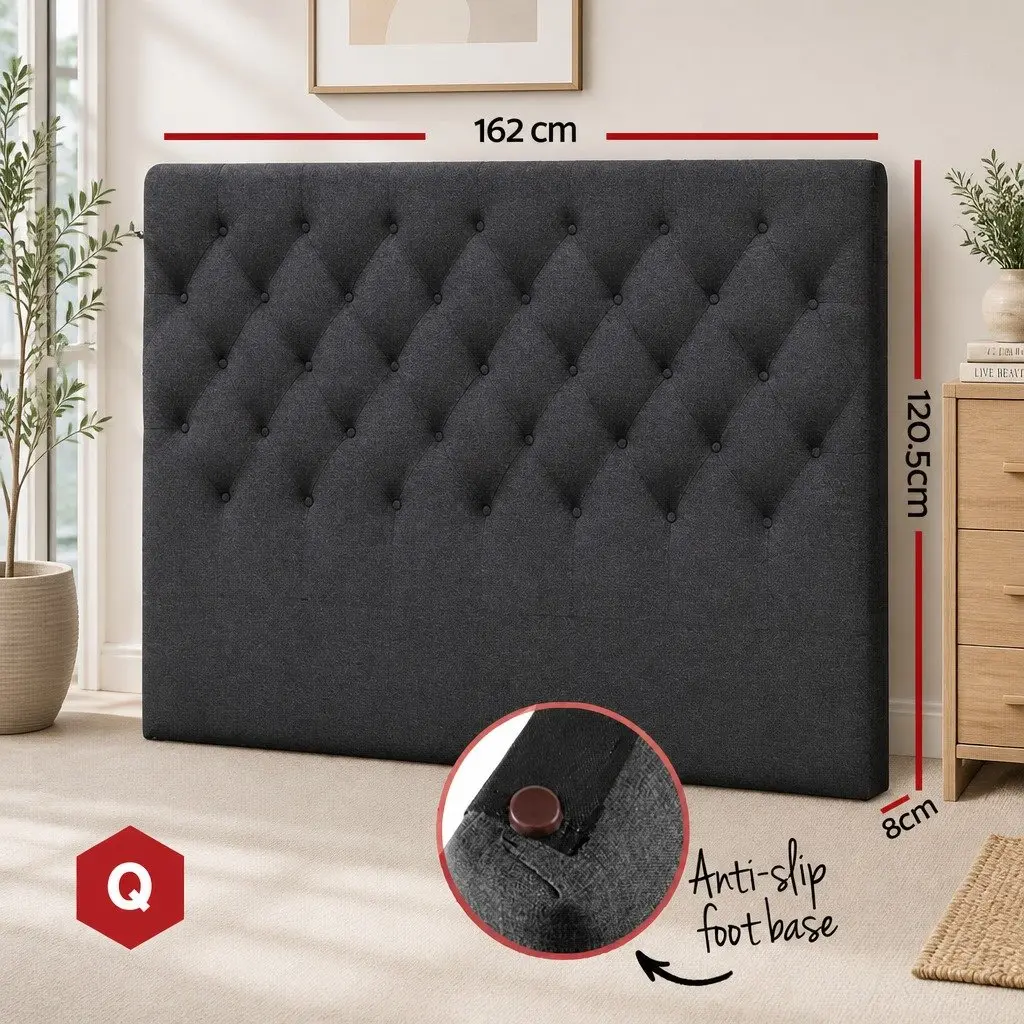 Queen Size Bed Headboard Upholstered Padded Button Tufted Charcoal Faux Linen Fabric