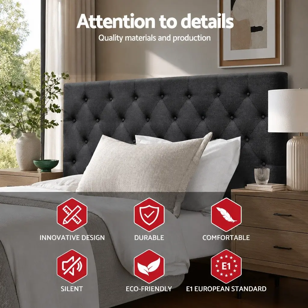 Queen Size Bed Headboard Upholstered Padded Button Tufted Charcoal Faux Linen Fabric