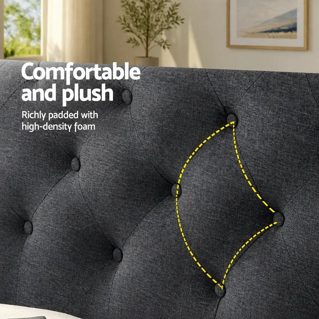 Queen Size Bed Headboard Upholstered Padded Button Tufted Charcoal Faux Linen Fabric