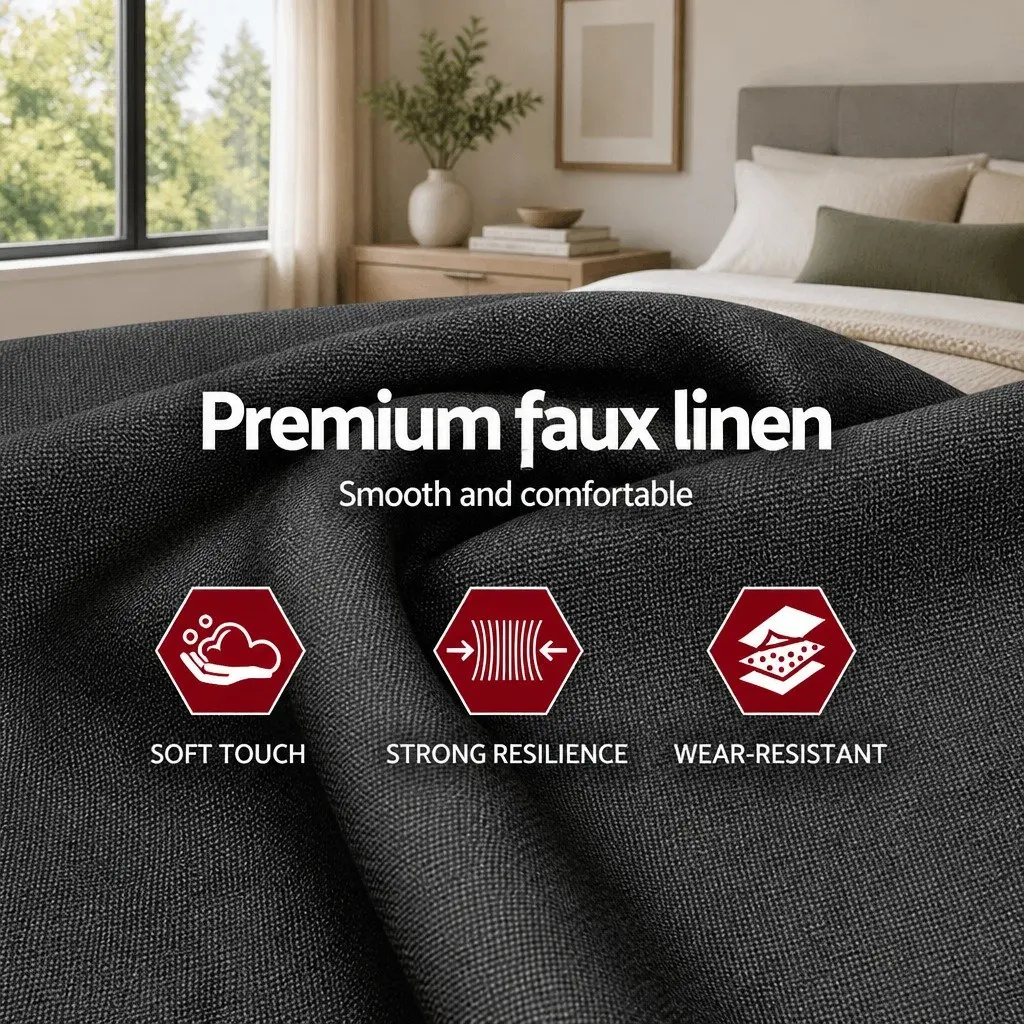 Queen Size Bed Headboard Upholstered Padded Button Tufted Charcoal Faux Linen Fabric